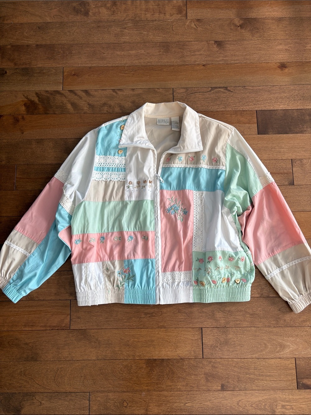 Vintage Pastel Patchwork Bomber Jacket in Pink, Mint, Blue & Cream - Cottagecore